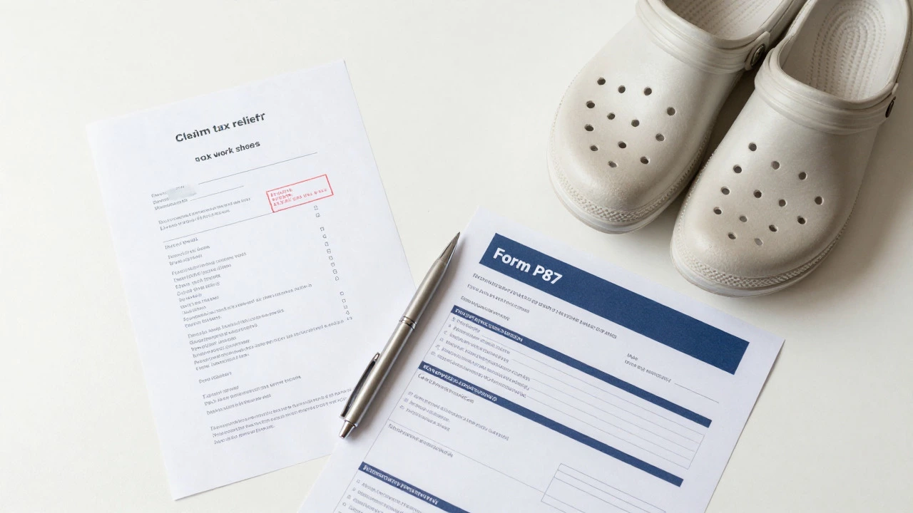 Tax relief form and work shoes on a desk