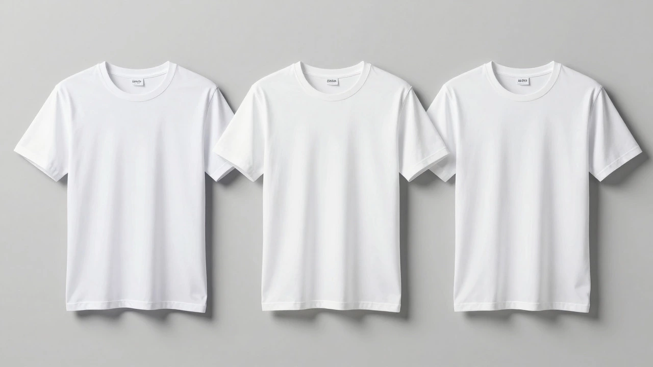 Three white t-shirts showing different fabric weights