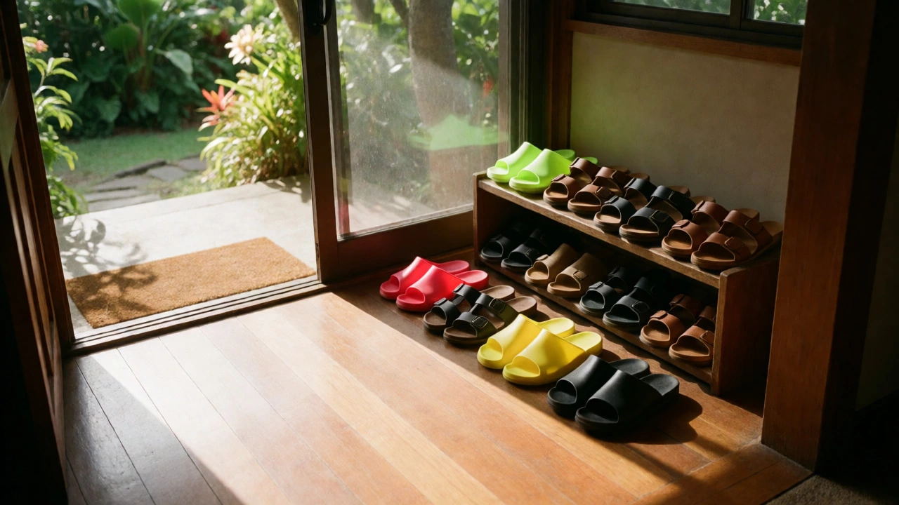 Various slippahs arranged on a rack in a home entryway