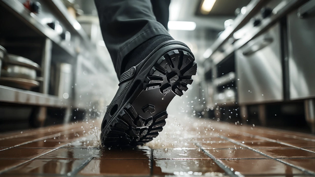 Chef's slip-resistant shoe gripping a wet kitchen tile floor amidst splashing water.
