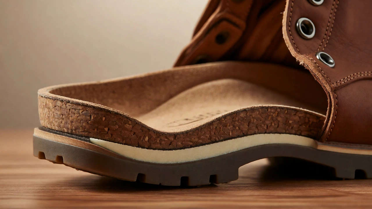 Close-up of ergonomic cork footbed and leather construction inside a women's boot
