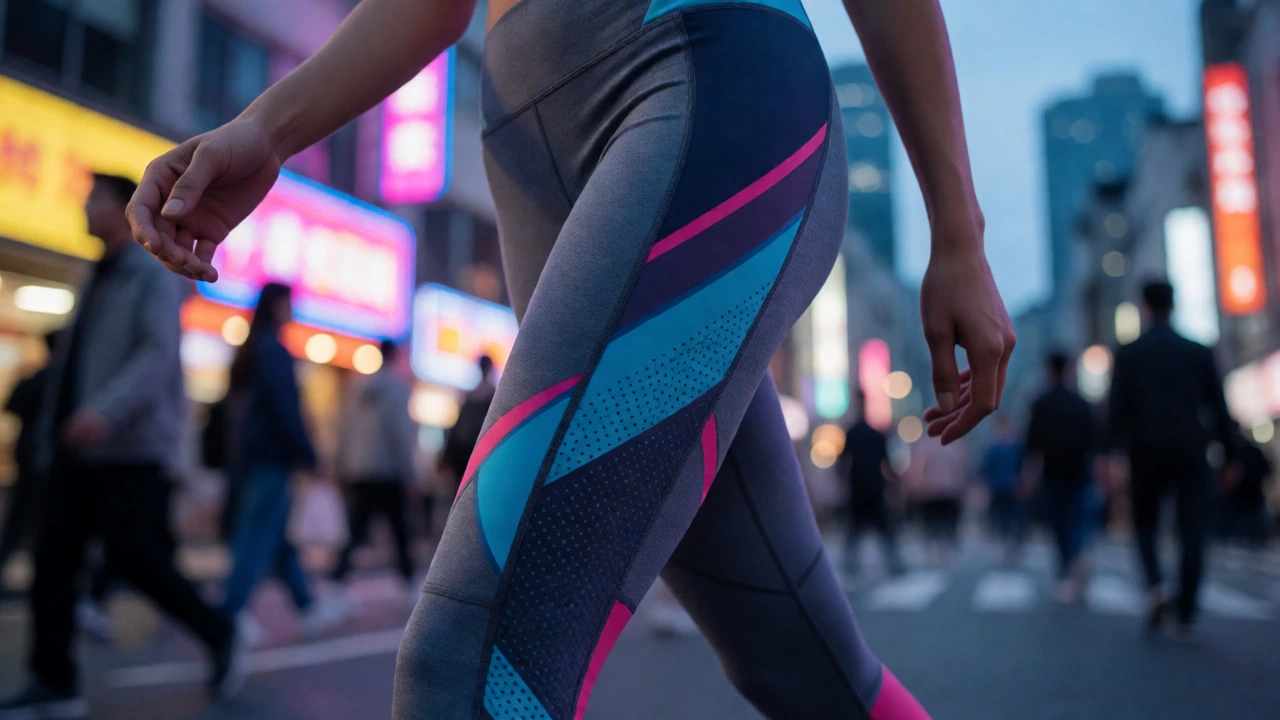 Close-up of modern performance leggings on a city street at dusk, illustrating the athleisure lifestyle.