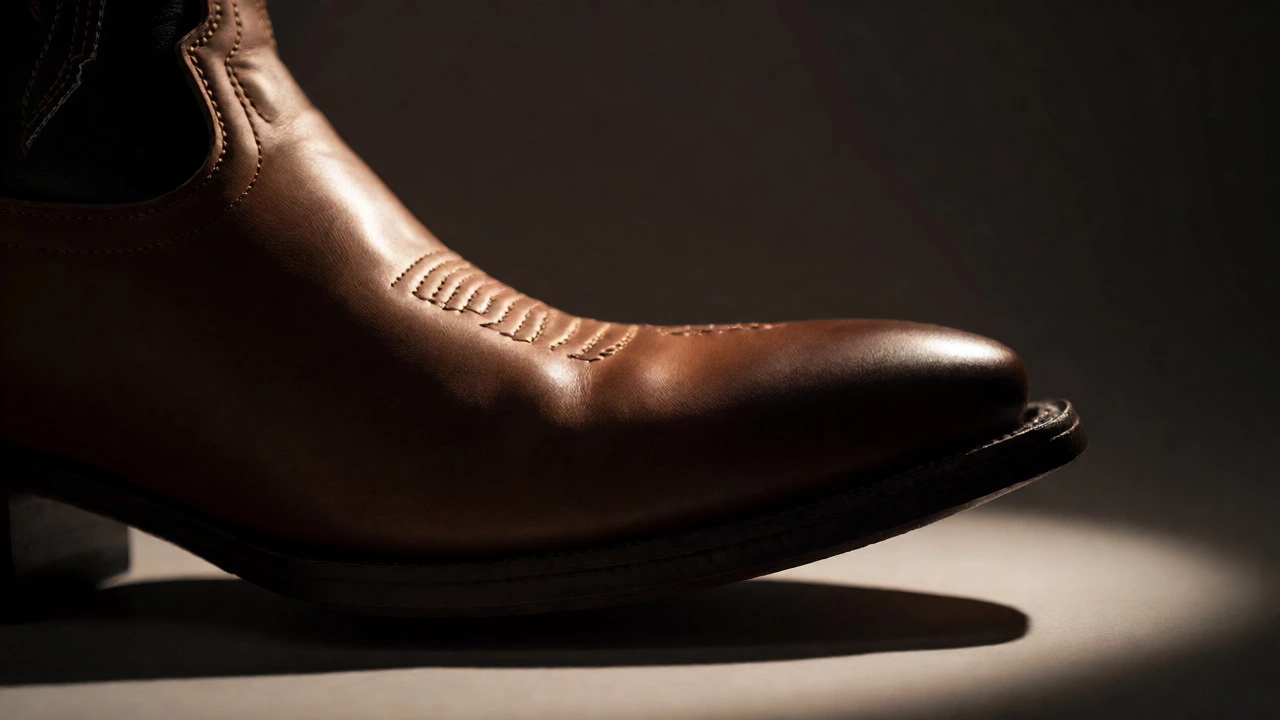 Close-up of stiff leather cowboy boot toe box in studio light