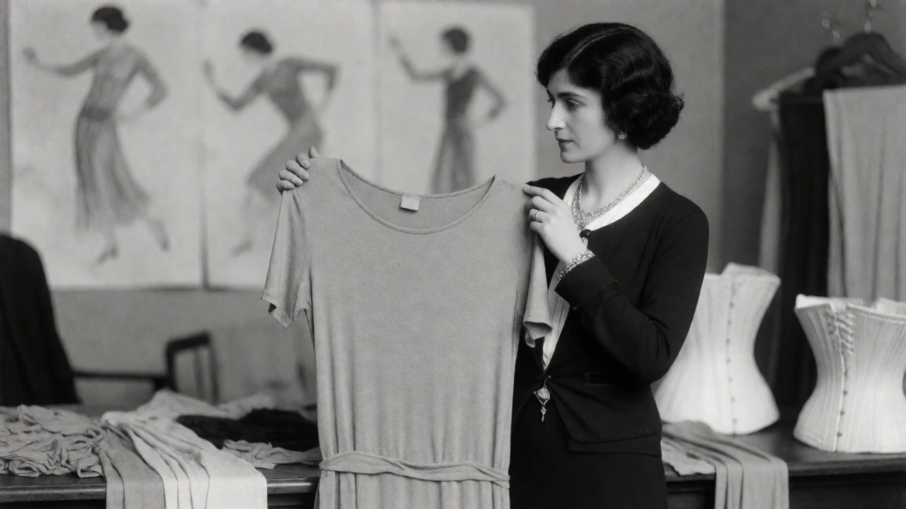 Coco Chanel examining a soft jersey dress in her 1920s atelier, highlighting fabric flexibility and comfort.
