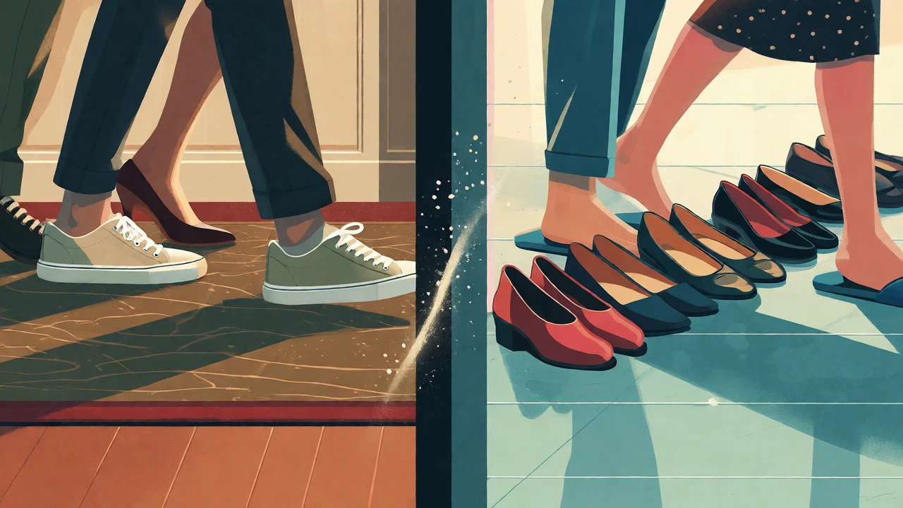Conceptual art contrasting indoor shoe-wearing habits between Western and Eastern cultures.