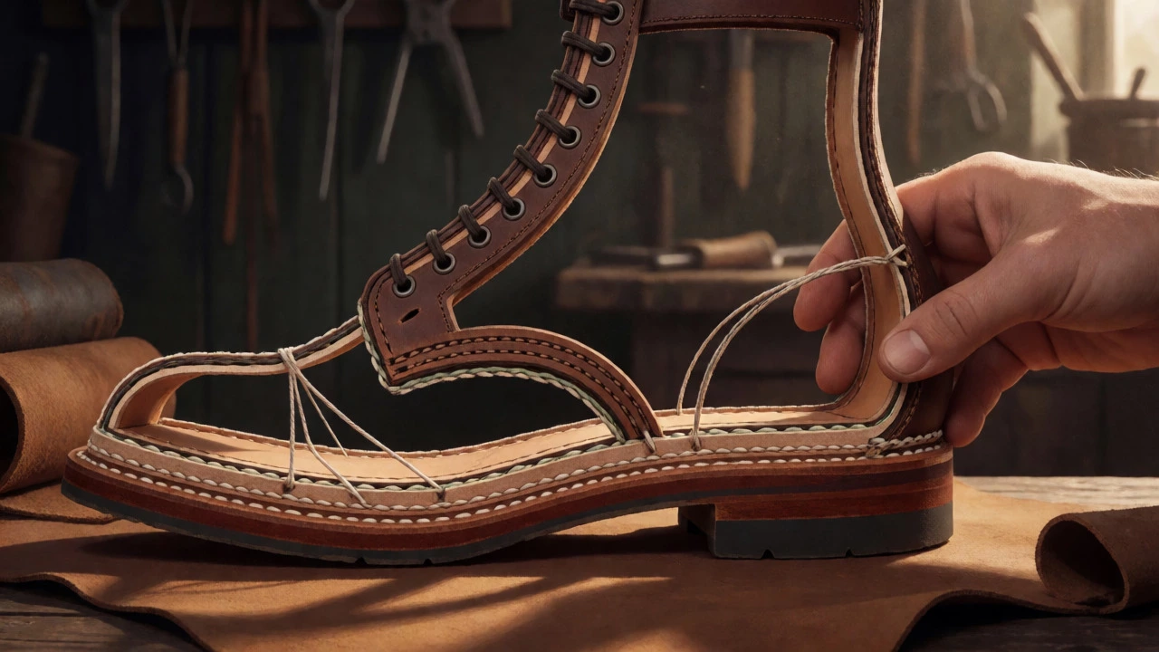 Cross-section view of Goodyear welted boot construction showing stitching layers