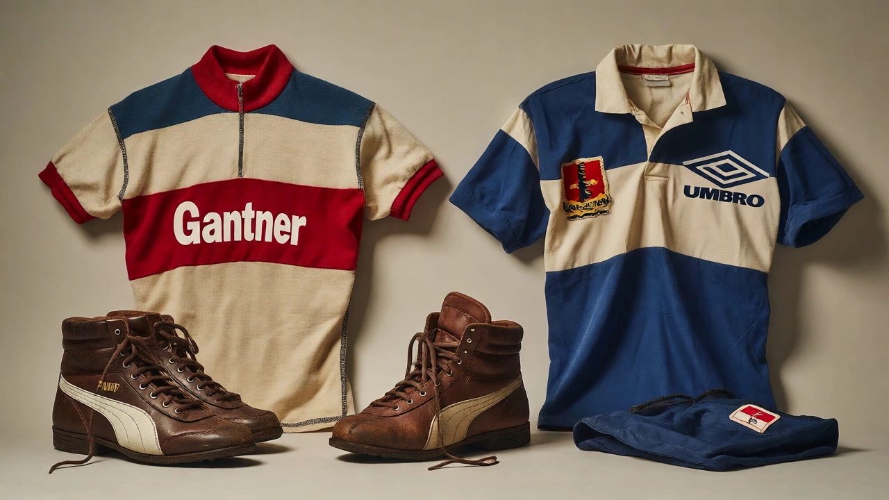 Display of vintage Gantner, Puma, and Umbro sportswear items.