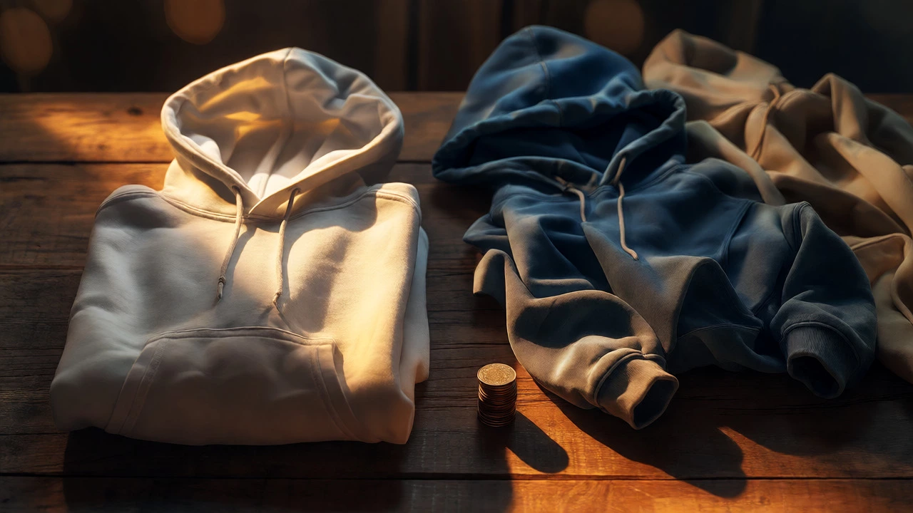 Folded premium hoodie next to worn-out cheap hoodies on a wooden table.