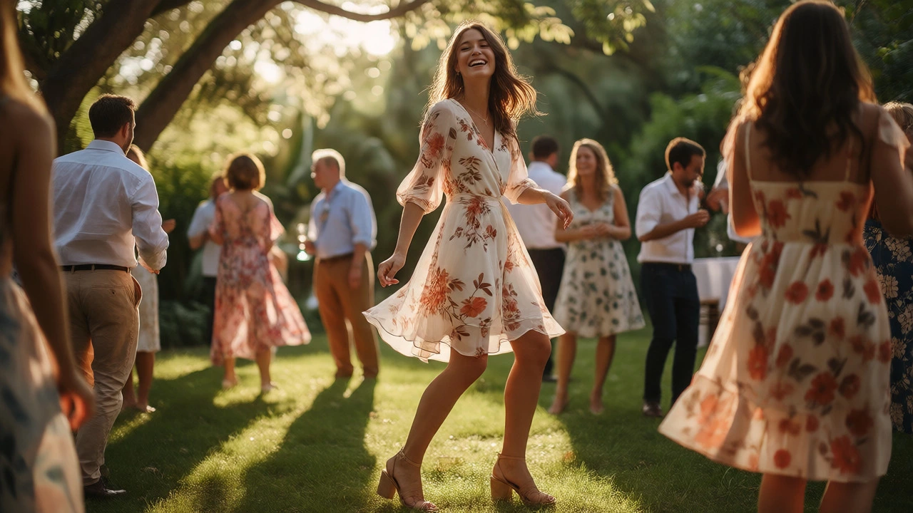 Guest dancing in a floral above-the-knee dress at a garden wedding.