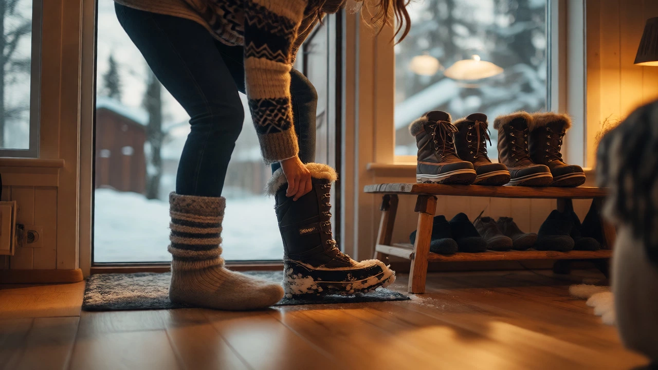 Guest removing snowy winter boots in a warm, wood-floored Scandinavian living room.