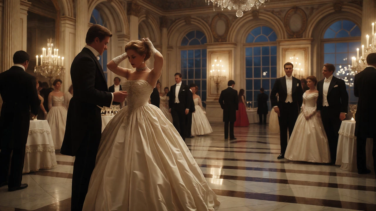 Guests in white tie and ballgowns at a formal gala in a historic ballroom.