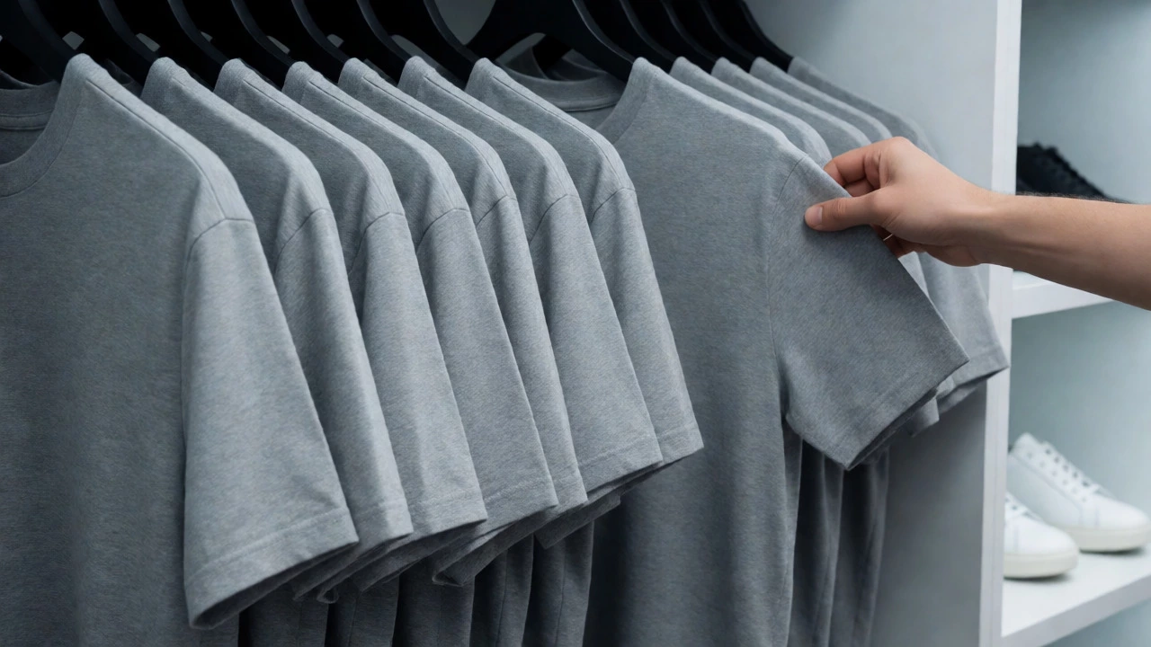 Hand selecting an identical grey t-shirt from a uniform closet