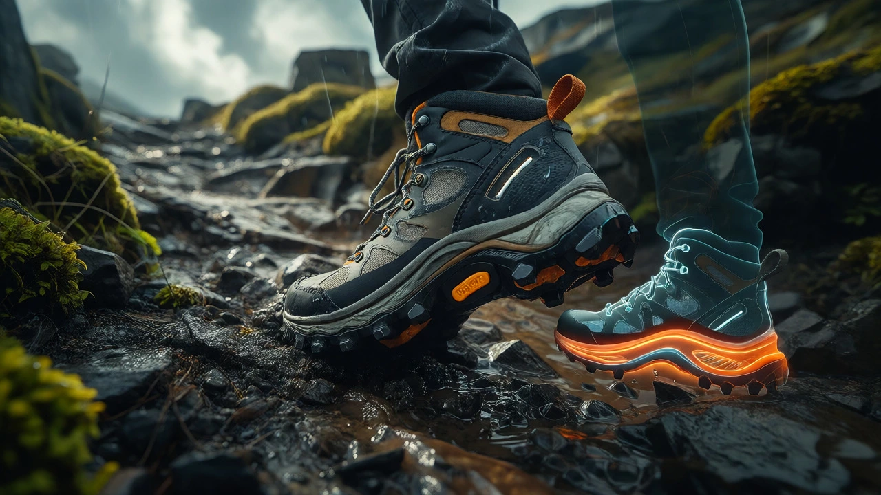 Hiking boots gripping rocky terrain in the moors with shock-absorption visualization