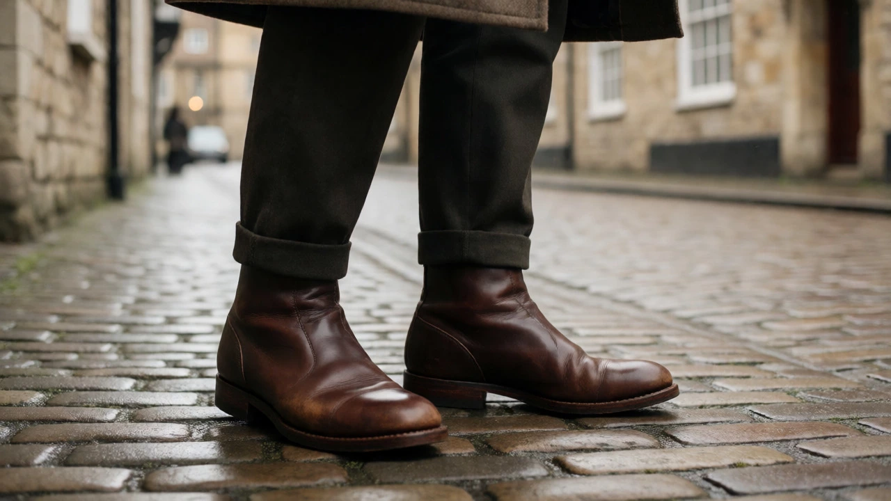 Man wearing aged leather boots with deep patina on a historic cobblestone street