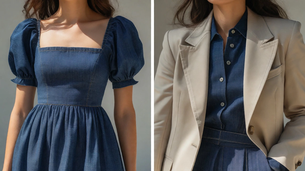 Navy chambray milkmaid dress styled with a blazer for smart-casual wear
