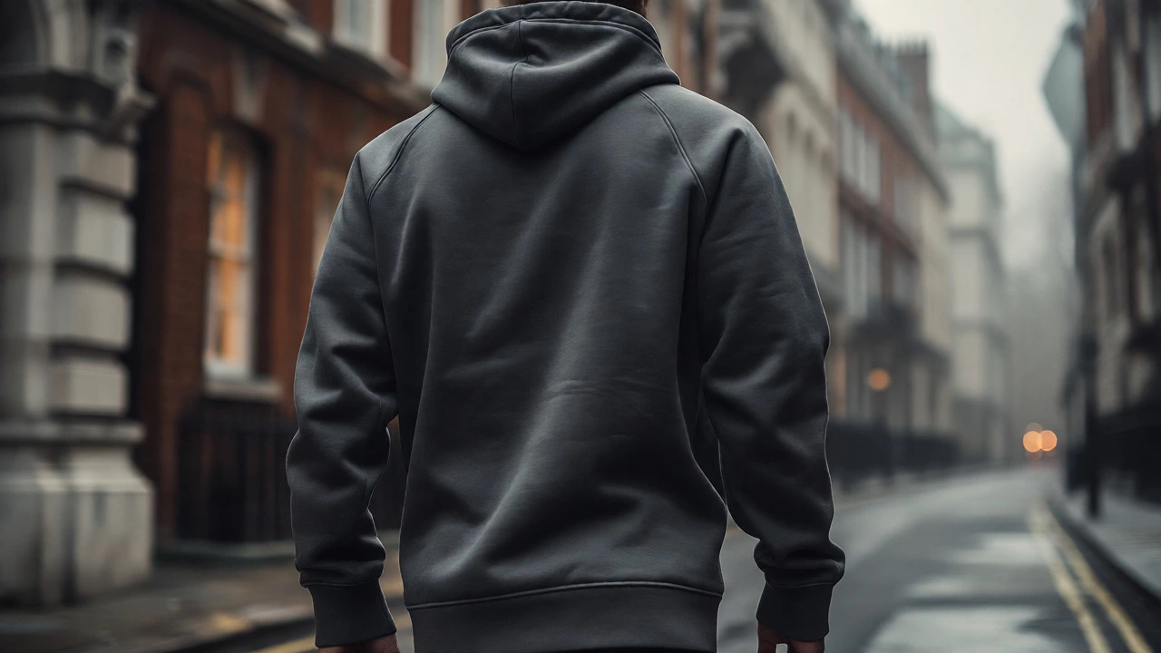 Person wearing a structured premium hoodie walking through a misty London street.