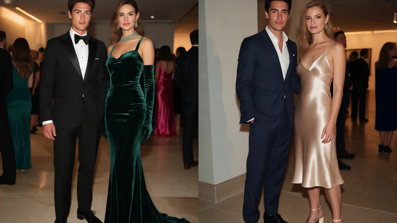 Split view comparing black tie formalwear with cocktail attire at a social event.