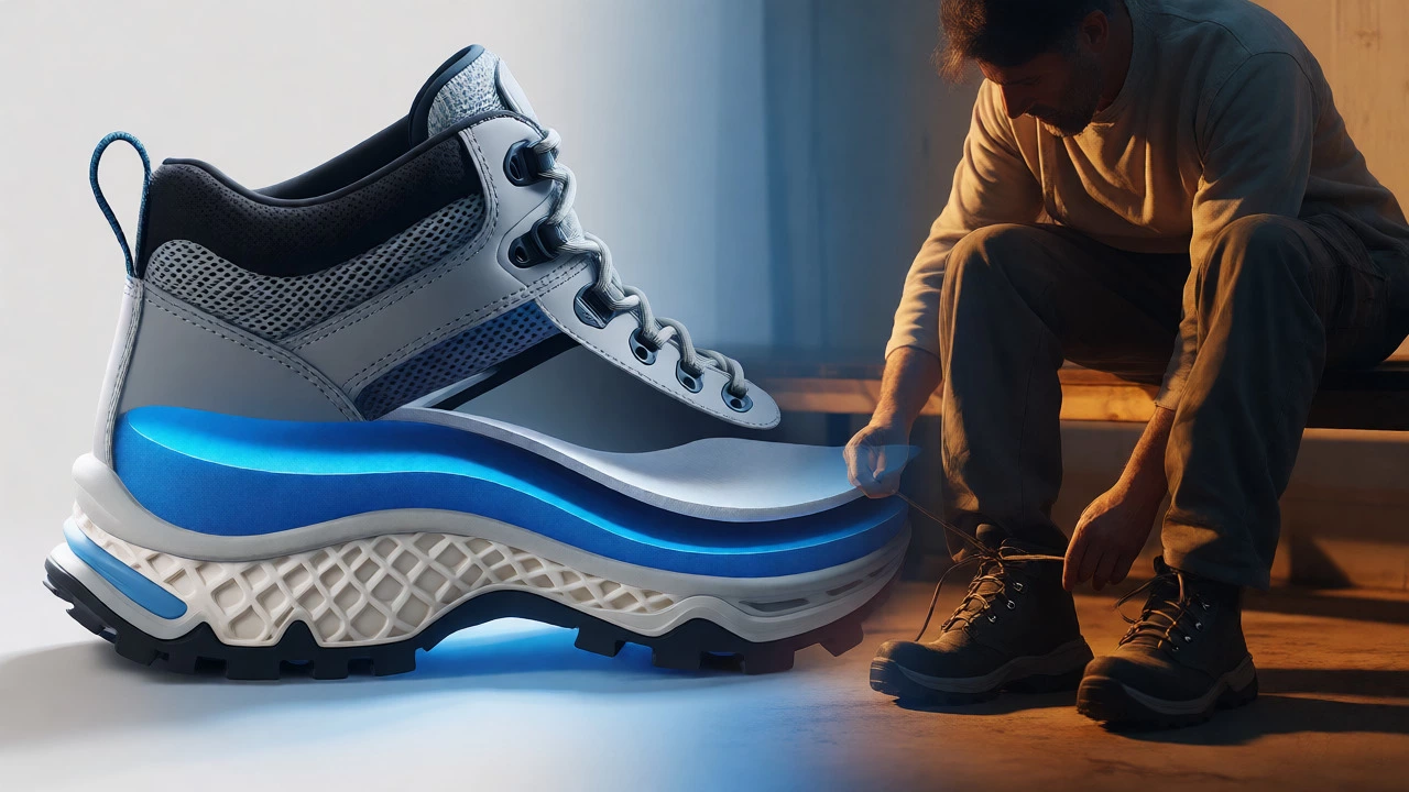 Split view of work boot internal cushioning layers and a worker resting feet.