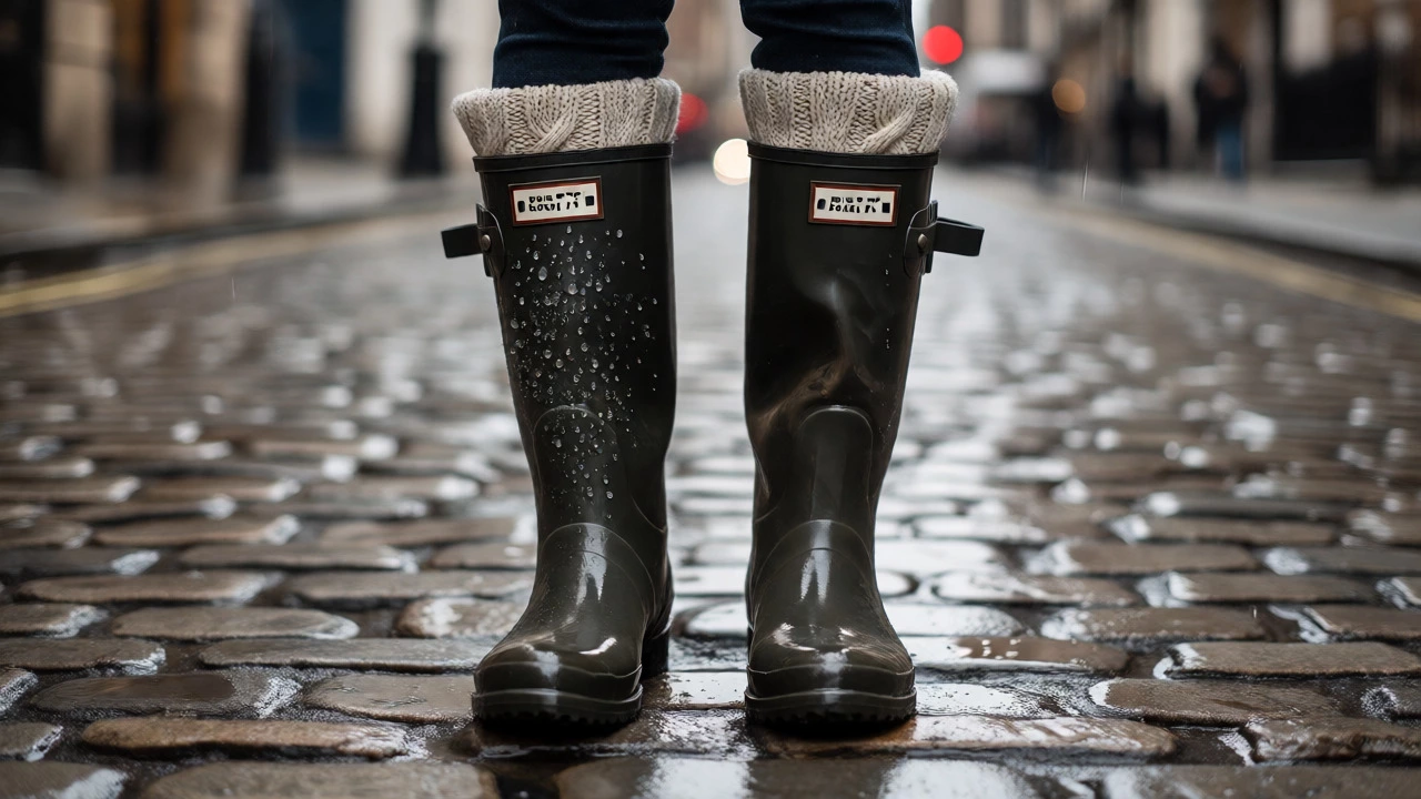 Wellington boots with thick socks on a rainy London street