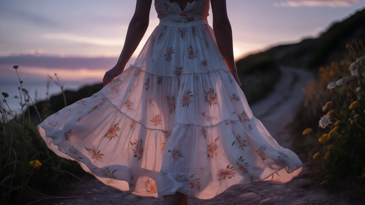 Woman in flowy pastel floral milkmaid dress walking by the coast at dusk