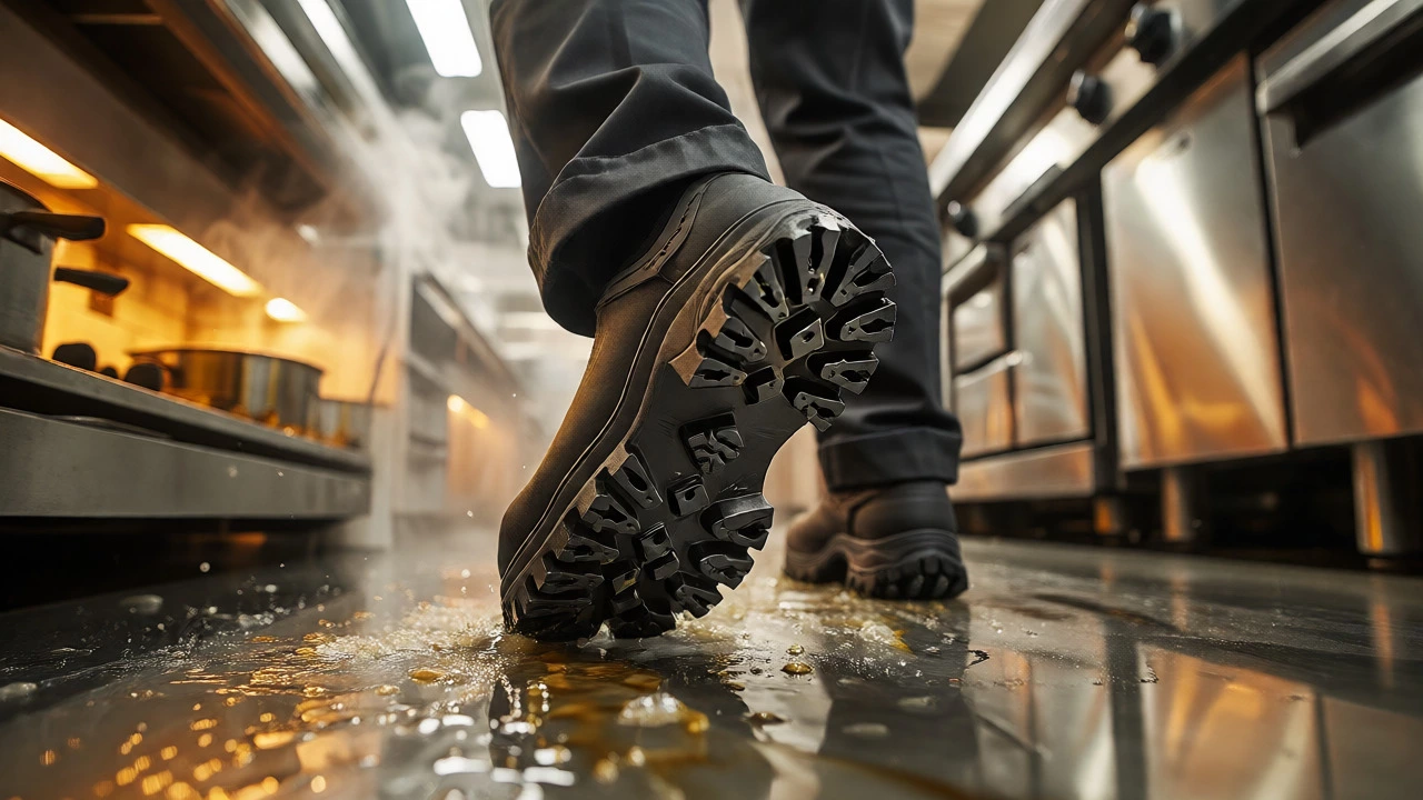 Chef in slip-resistant work clogs on oily kitchen floor