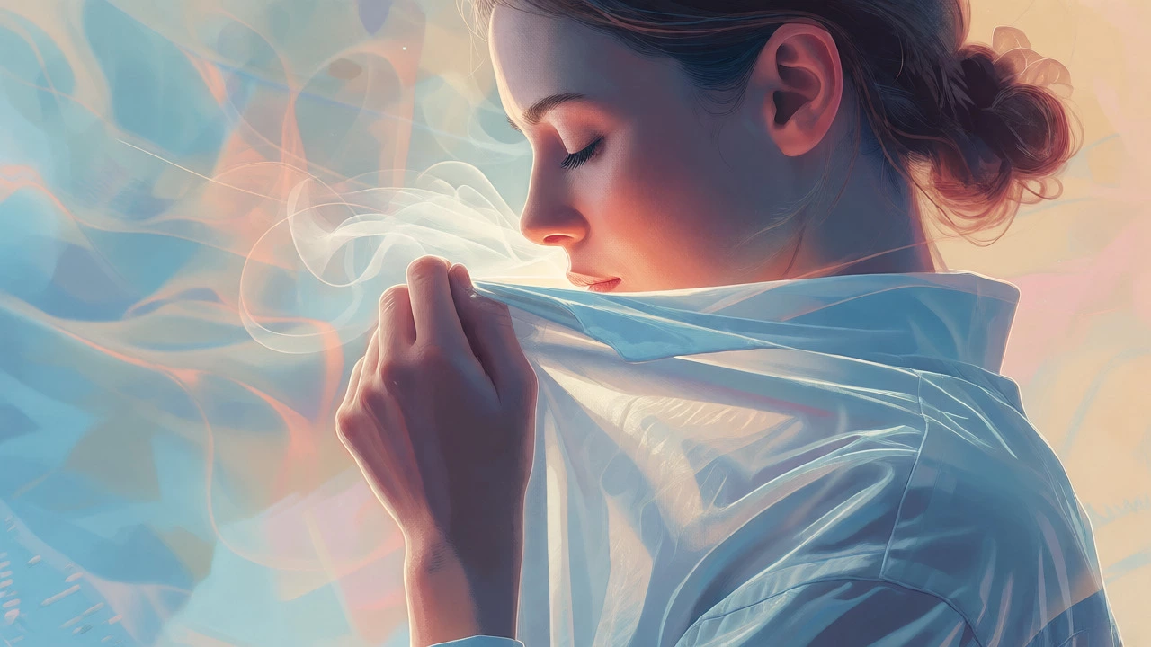 Close-up of a woman holding an oversized shirt near her face with soft, dreamy effects