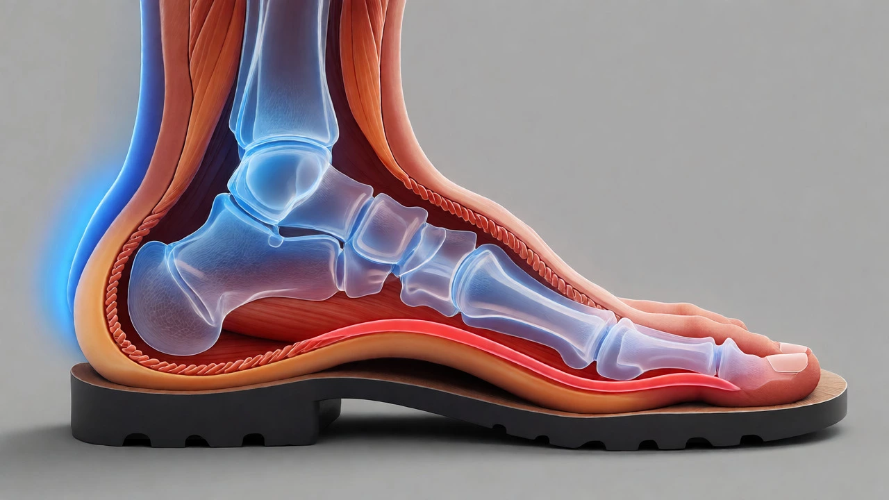 Cross-section diagram of foot arch collapse in flat boots
