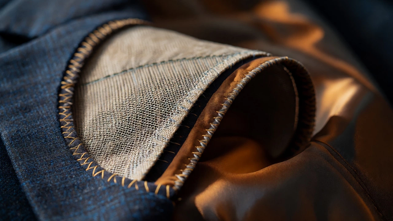 Cross-section of a suit lapel showing horsehair canvas and hand stitching