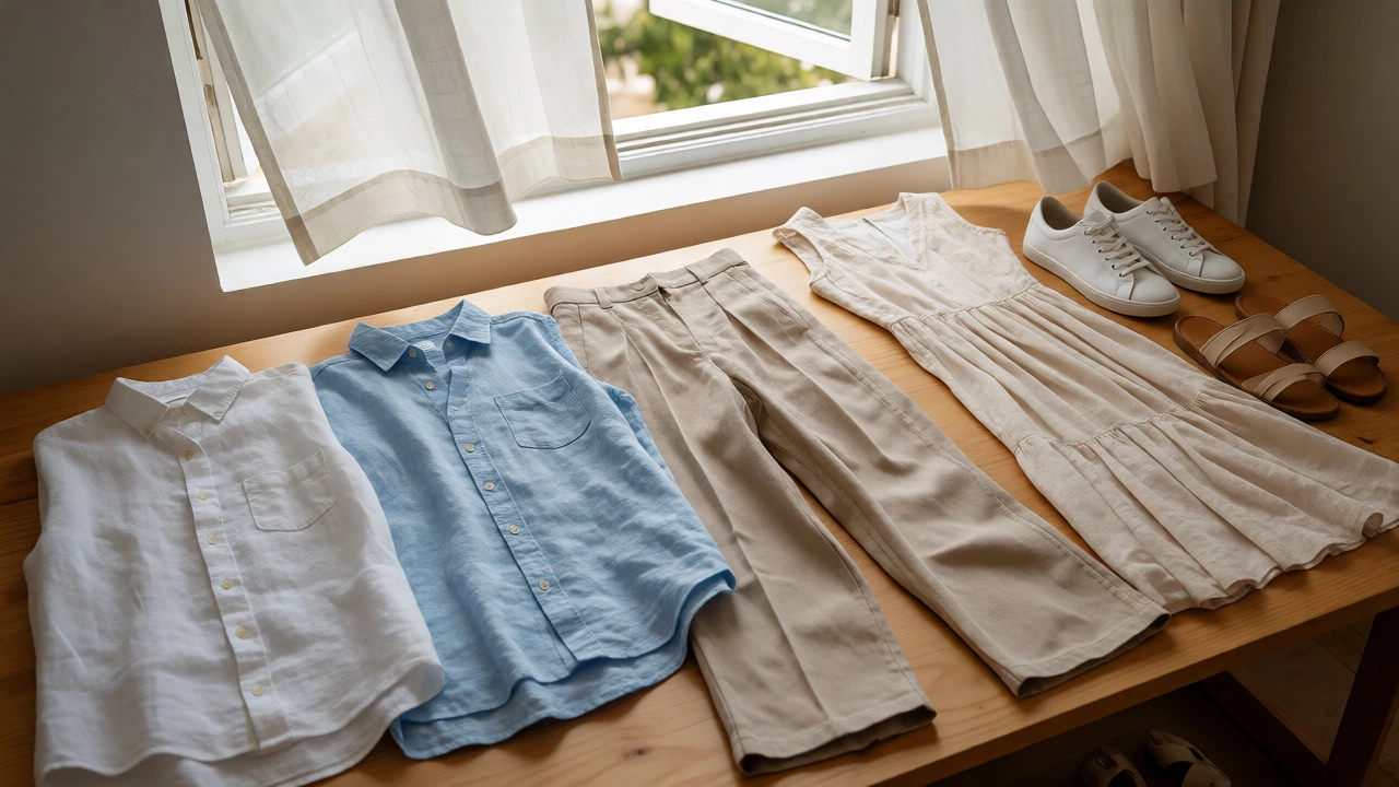 Flat lay of essential summer capsule wardrobe items
