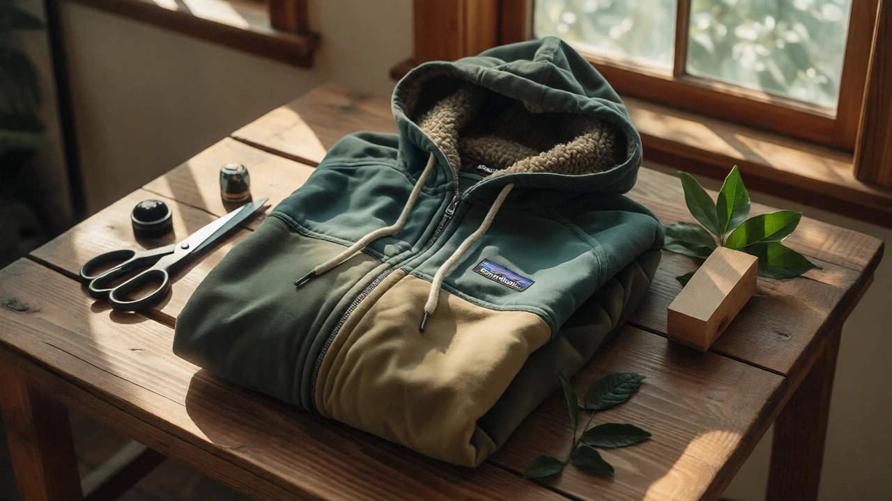 Folded sustainable fleece hoodie on a wooden table with sewing kit and cedar blocks, symbolizing durability and ethics.