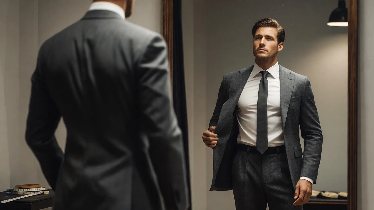 Man adjusting fitted charcoal grey suit in mirror