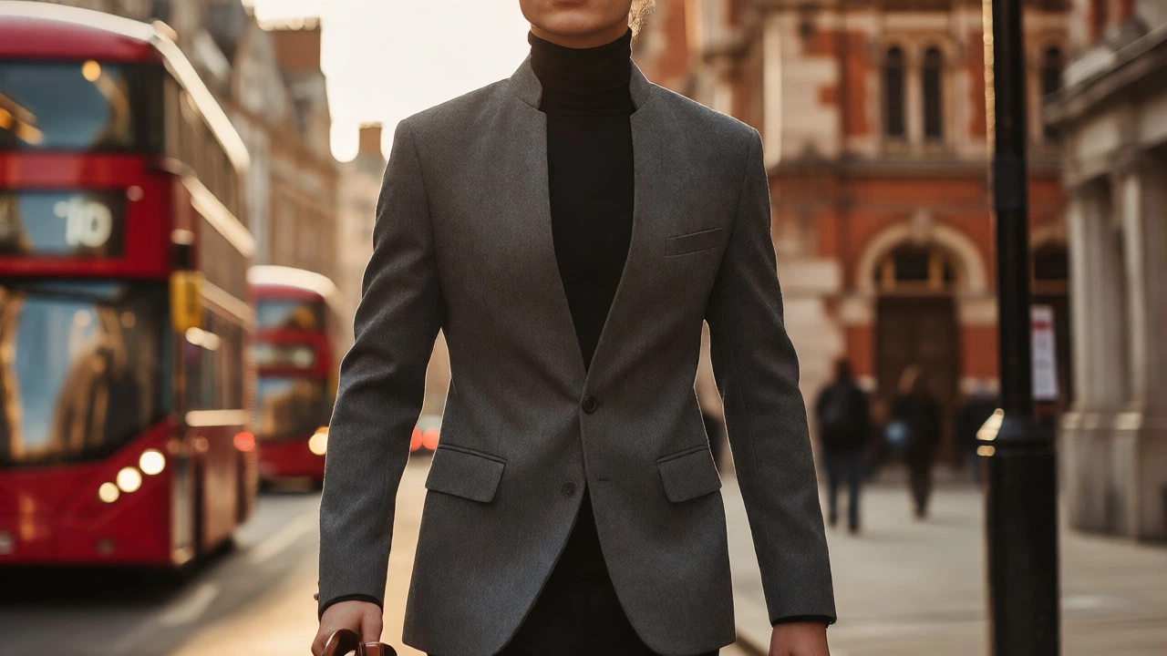Person wearing a grey Nehru jacket and turtleneck on a London street