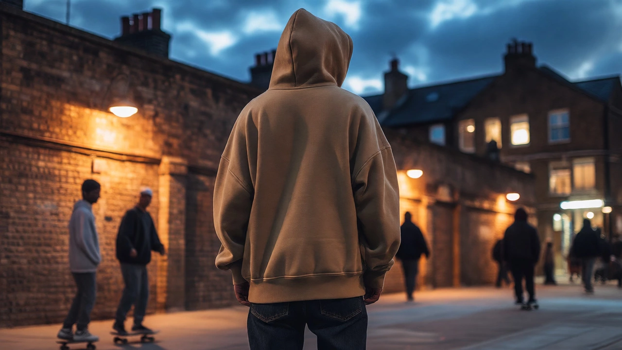 Person wearing an oversized luxury streetwear hoodie in an urban setting at dusk with skate culture vibes.