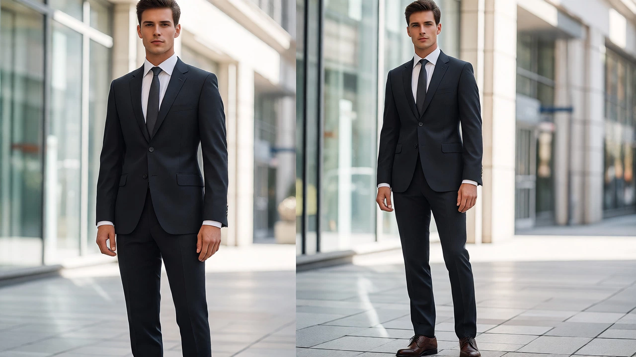 Professional man in a well-fitted charcoal suit with crisp white shirt and polished shoes.