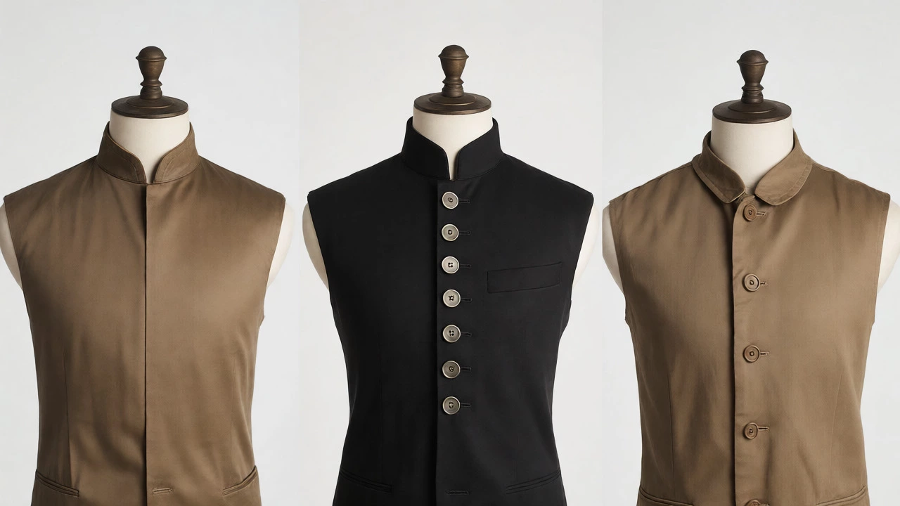 Side-by-side comparison of mandarin, Nehru, and grandad collars on mannequins