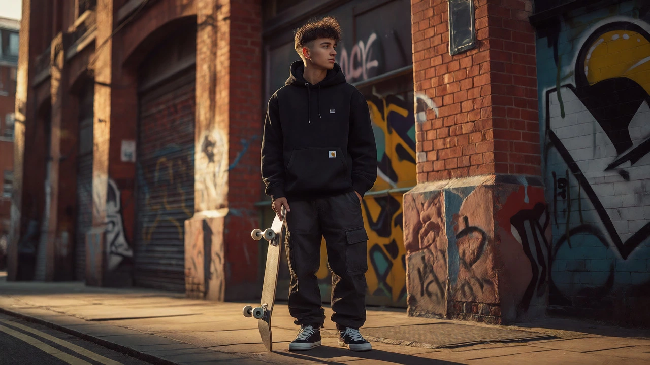 Skater in London wearing a modern black Carhartt WIP outfit against a brick wall.