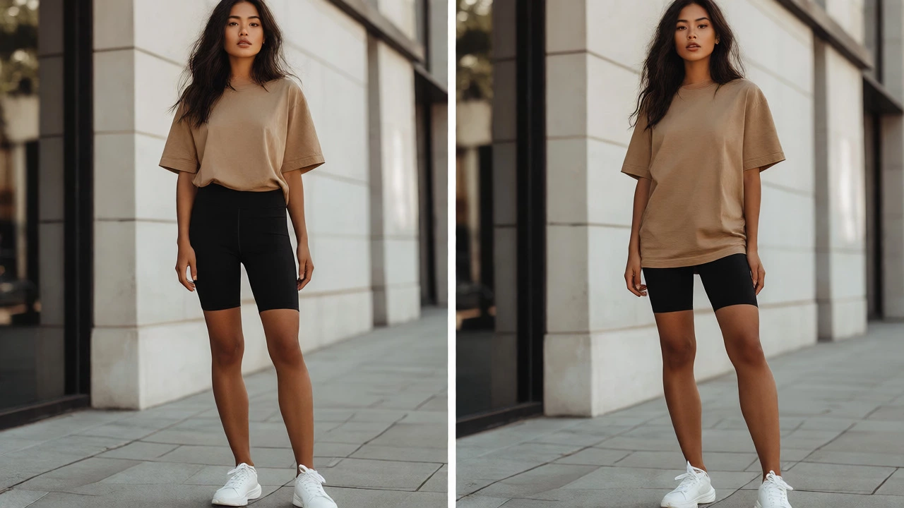 Stylish woman in a boyfriend tee and biker shorts standing in an urban setting