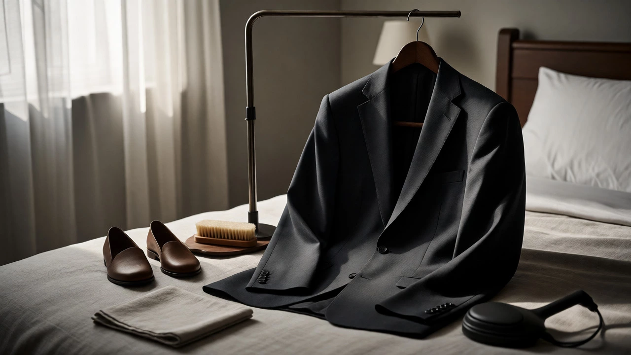 Suit jacket on a wooden hanger beside a garment brush and steamer in a sunlit room.