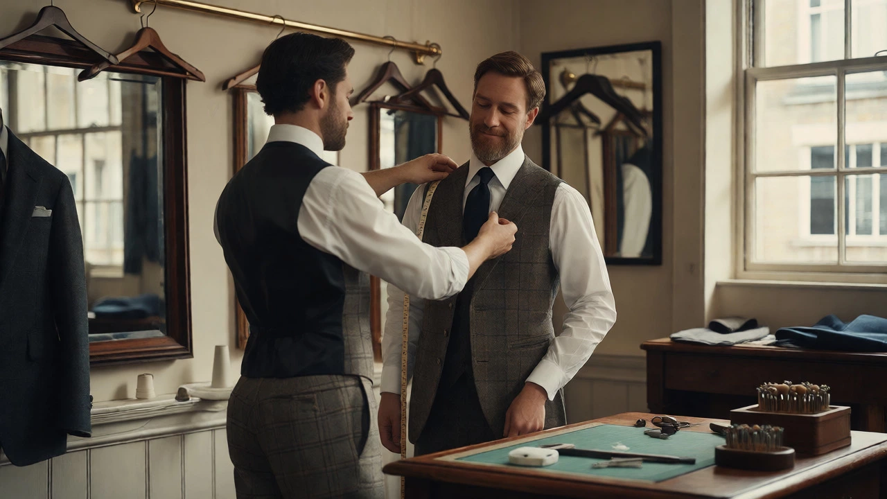 Tailor adjusting a bespoke suit on a client in a classic London atelier