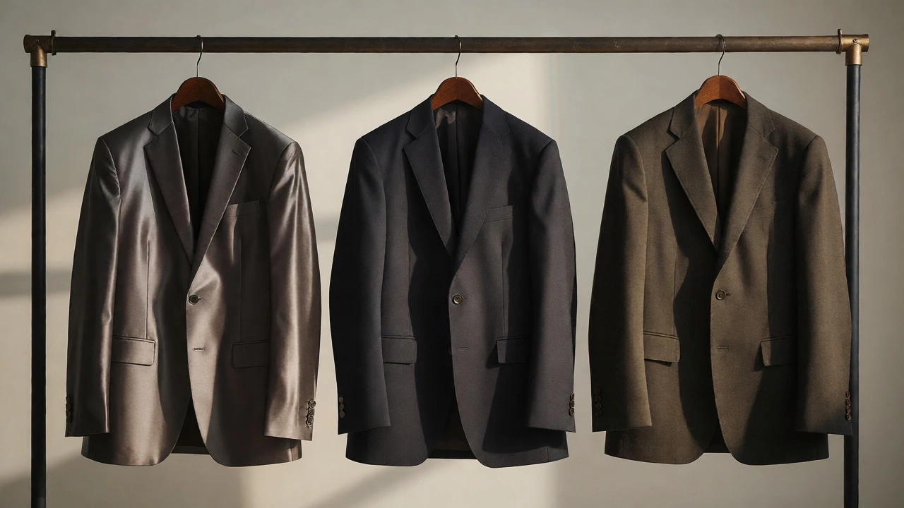 Three suits comparing fabric quality and construction