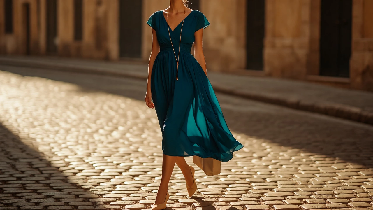 Woman in emerald empire-waist dress and nude heels walking on sunny street