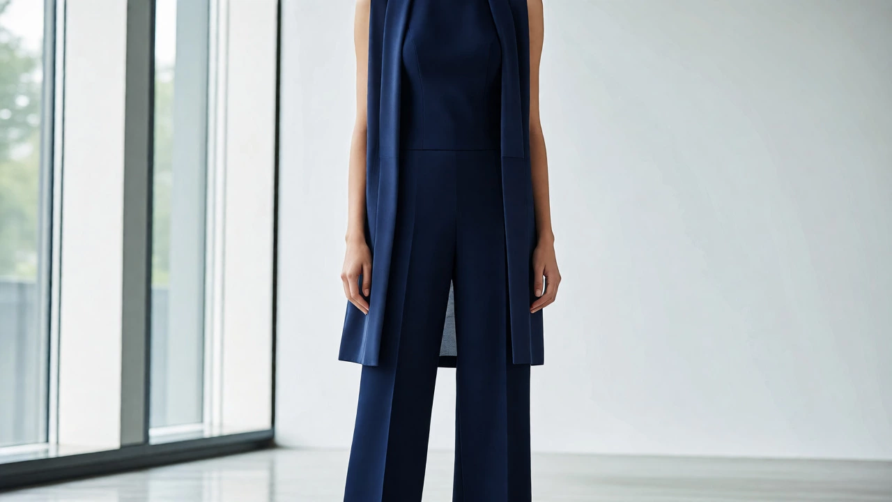Woman in monochrome navy outfit with open vest creating vertical slimming lines