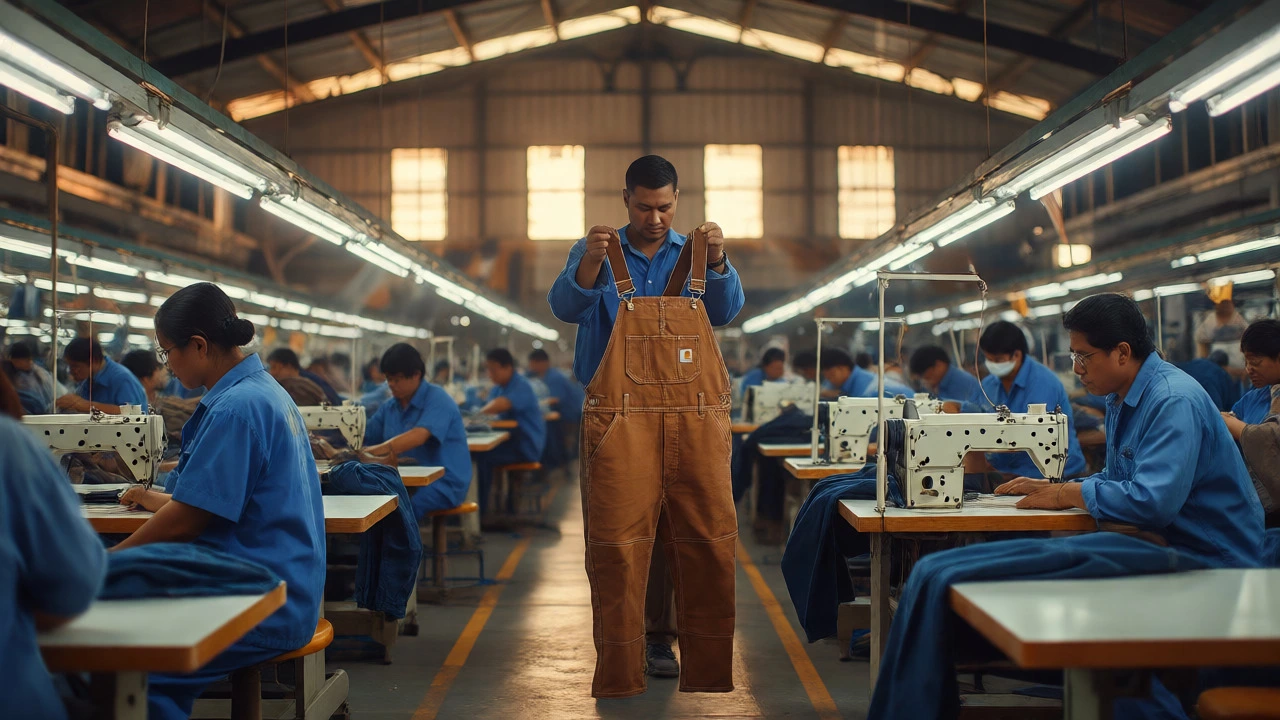 Workers in a factory assembling durable workwear garments under bright industrial lighting.